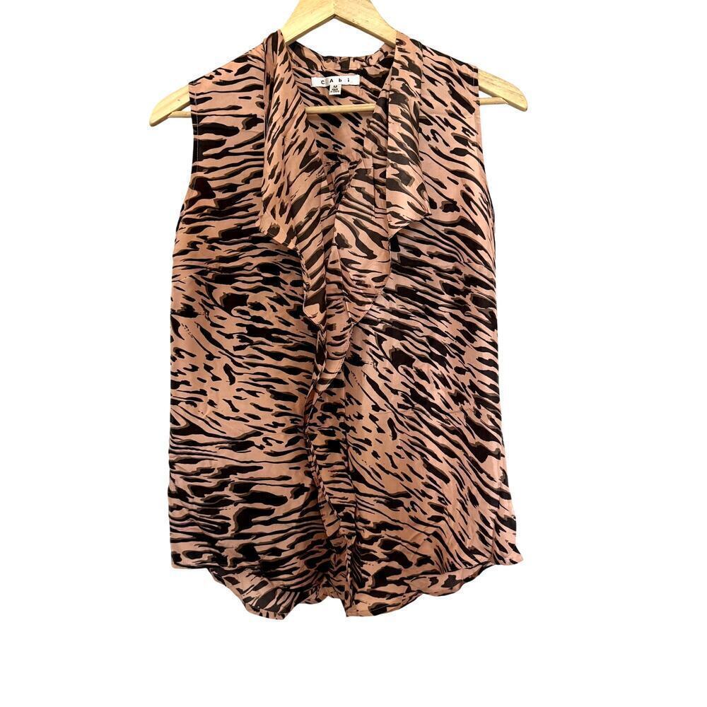 100% Silk Cabi Pink and Black Zebra Print Sleeveless Blouse